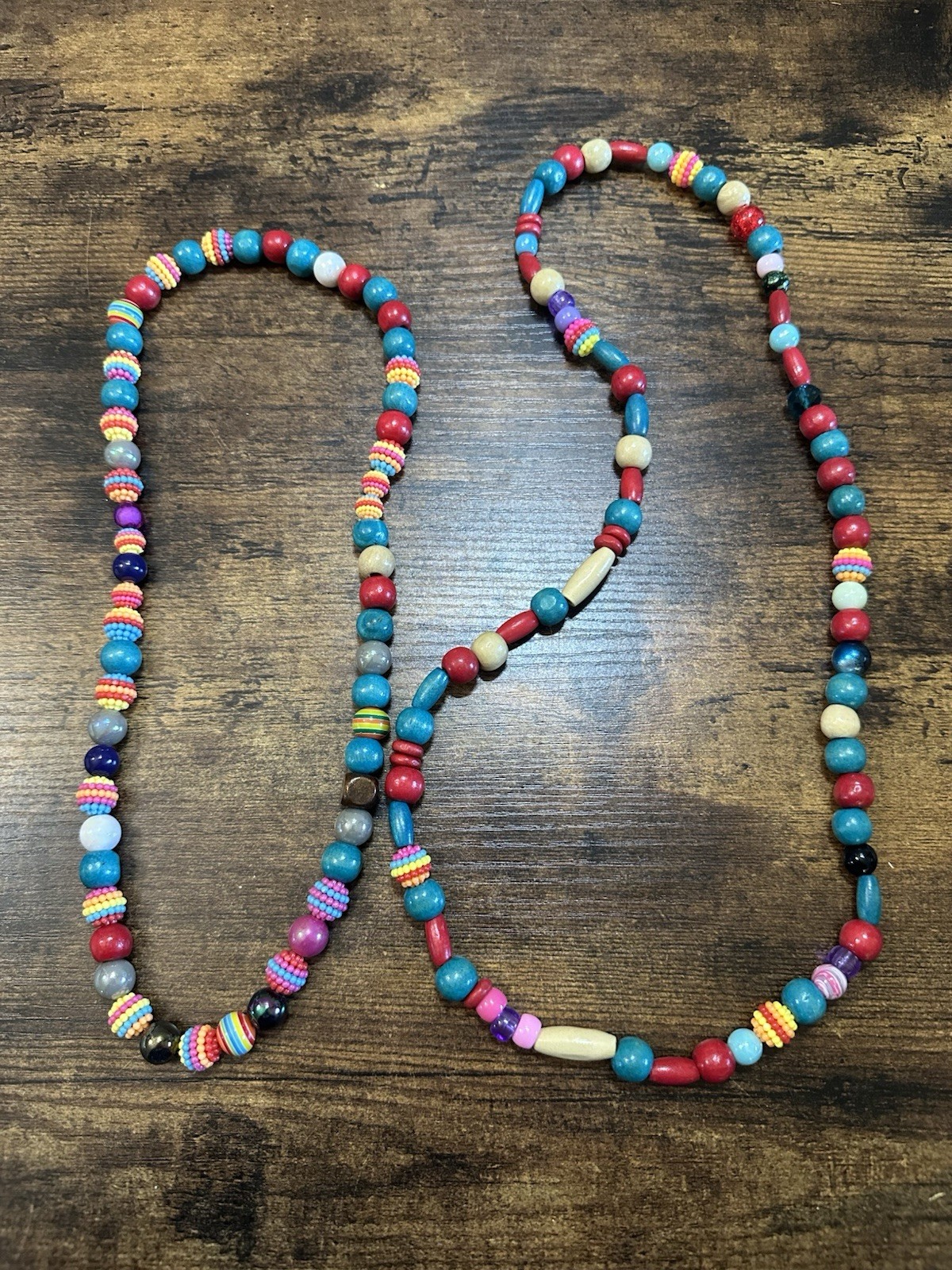 Boho Beaded Stretch Necklace Lot of 2 Colorful Wood Acrylic Long Necklace