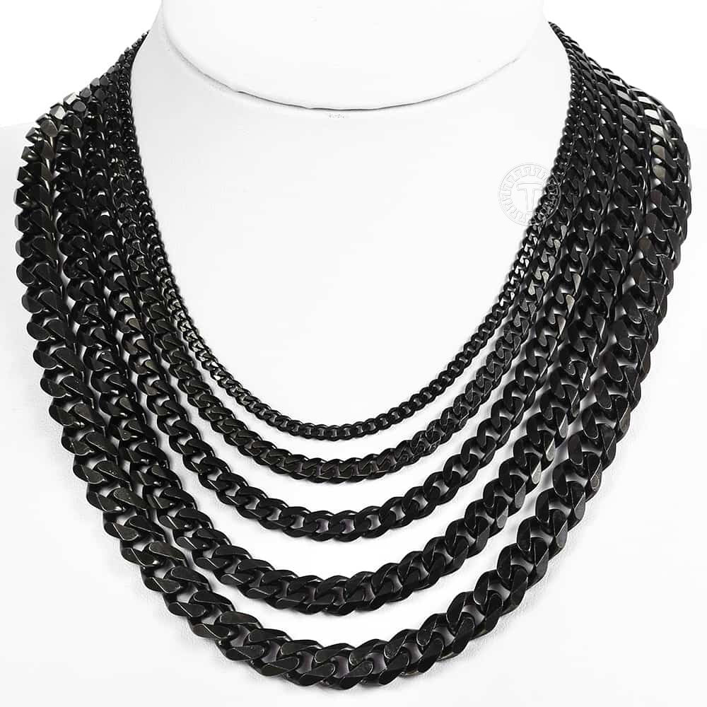 3/5/7/9/11mm Mens Black Stainless Steel Cuban Curb Link Chain Necklace 18-26″