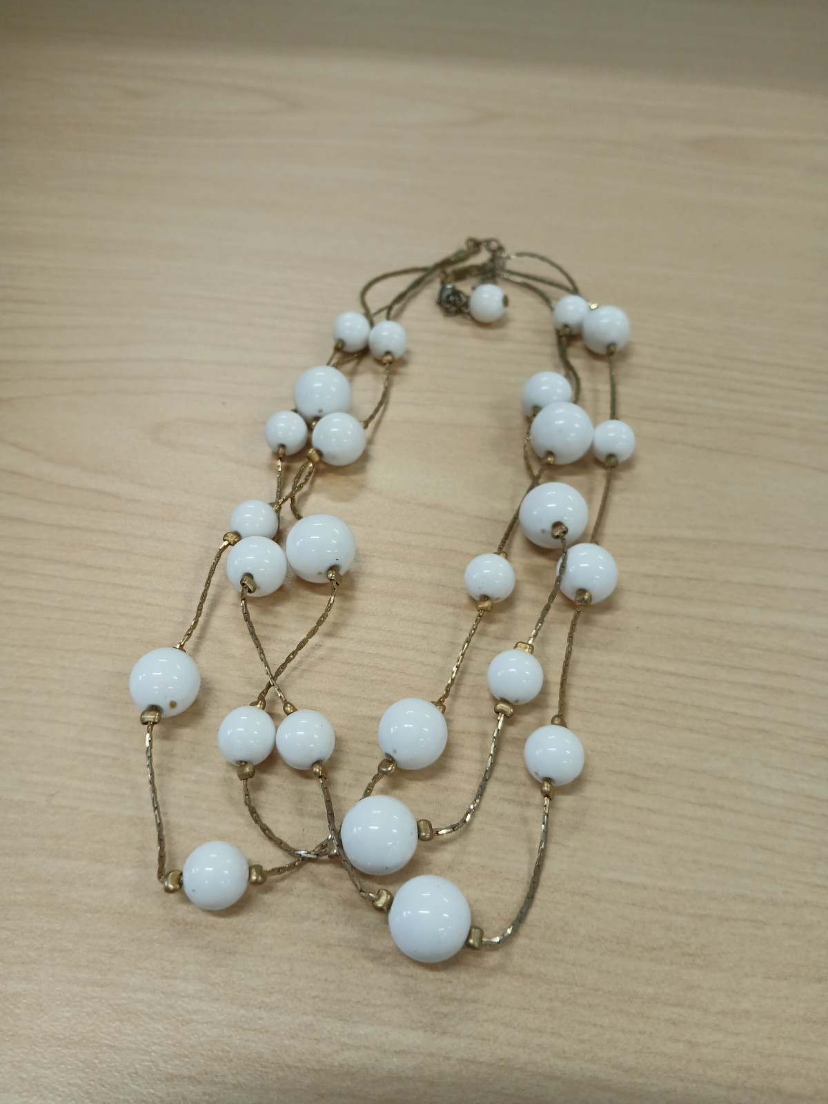 White Bead Multi Strand Necklace Gold Tone Cable Chain Adjustable Lobster