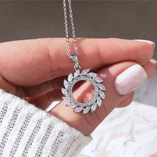 Women 2Ct Marquise Simulated Diamond Circle Pendant Chain 14K White Gold Plated