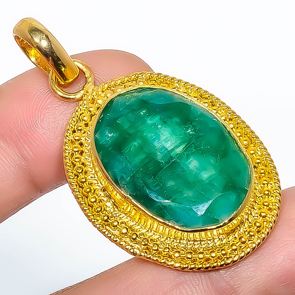 Emerald (Lab-Created) Silver Gold Plated Pendant 1.95″ P7622-201