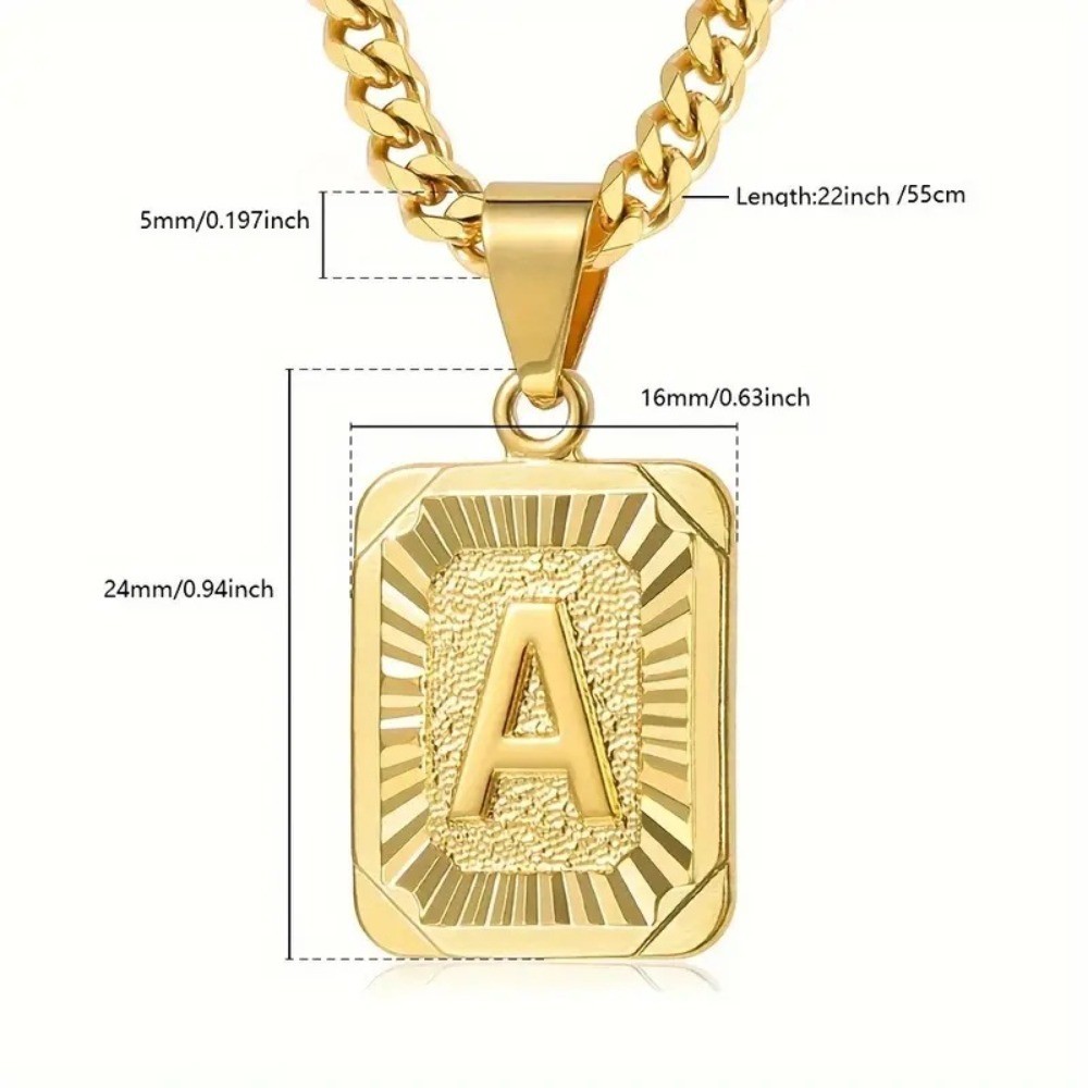 Gold Stainless Steel Cuban Chain Square Capital Initial Letter Pendant Necklace