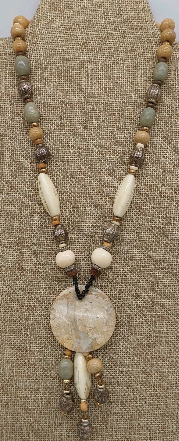 Necklace Beaded Round Pendant Brown Green Beige Metal Plastic Stones