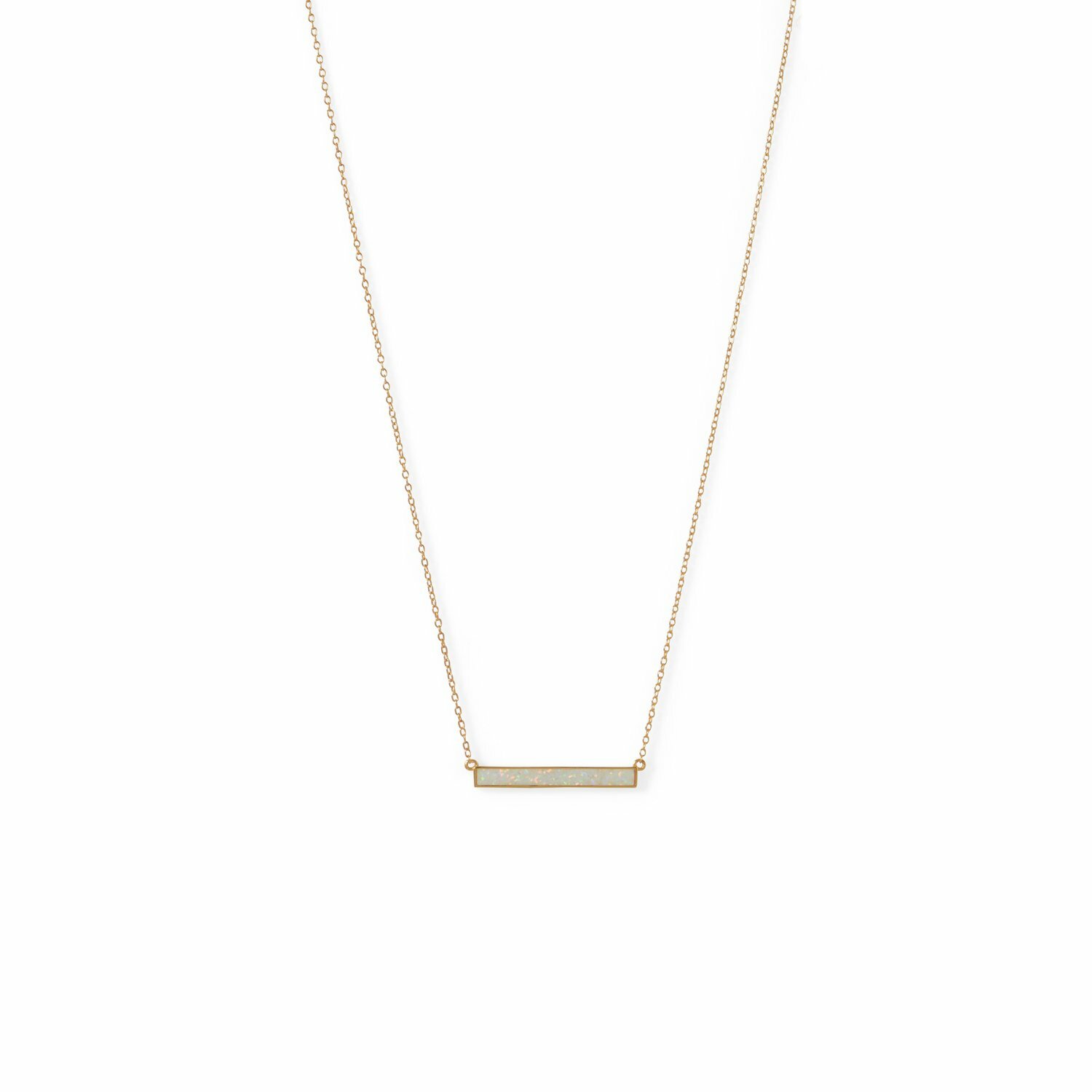 16″ + 2″ Gold-Plated White Simulated Opal Bar Necklace 925 Sterling Silver