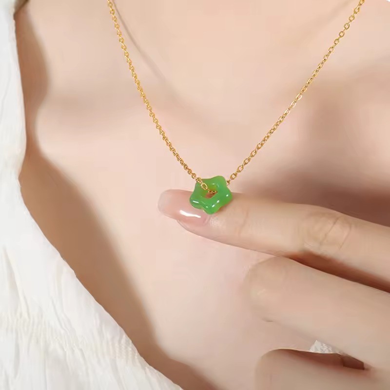 Dark Green Jade Flower Pendant Necklace Amulet Protection Dainty Minimalist