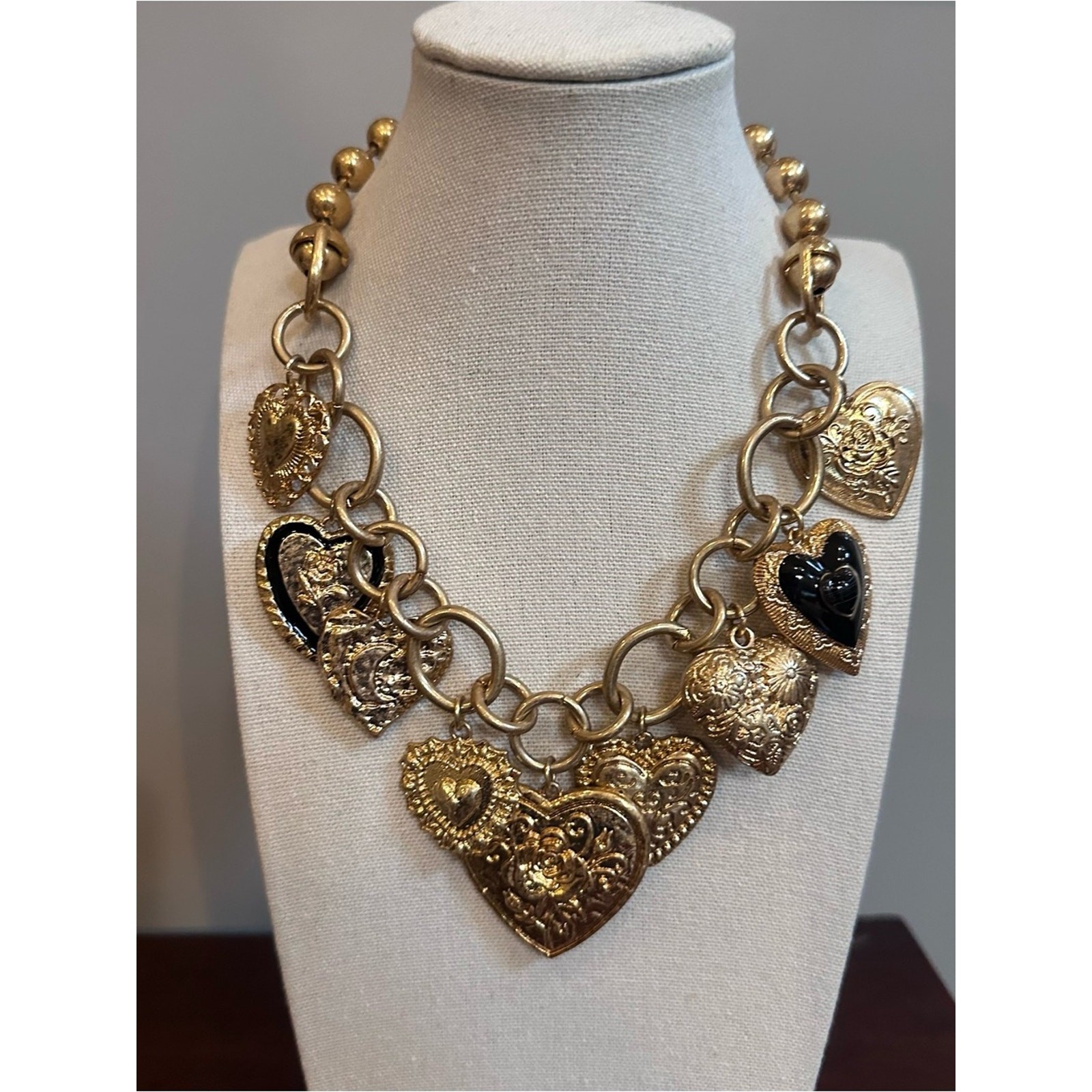 Zara Golden Heart Charms Metal Links Necklace Statement Jewelry Gold Maximalism
