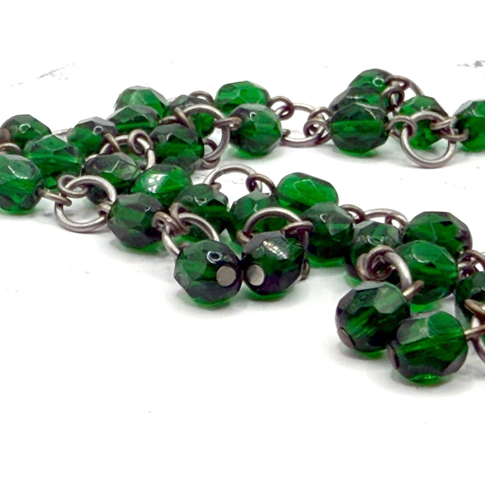 Emerald Green Glass Bib Choker Necklace Silver Tone 14″ Statement