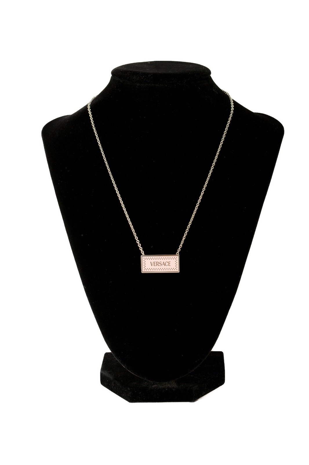 Versace Silver Color Metal Logo Print On Pink Enamel Pendant Necklace