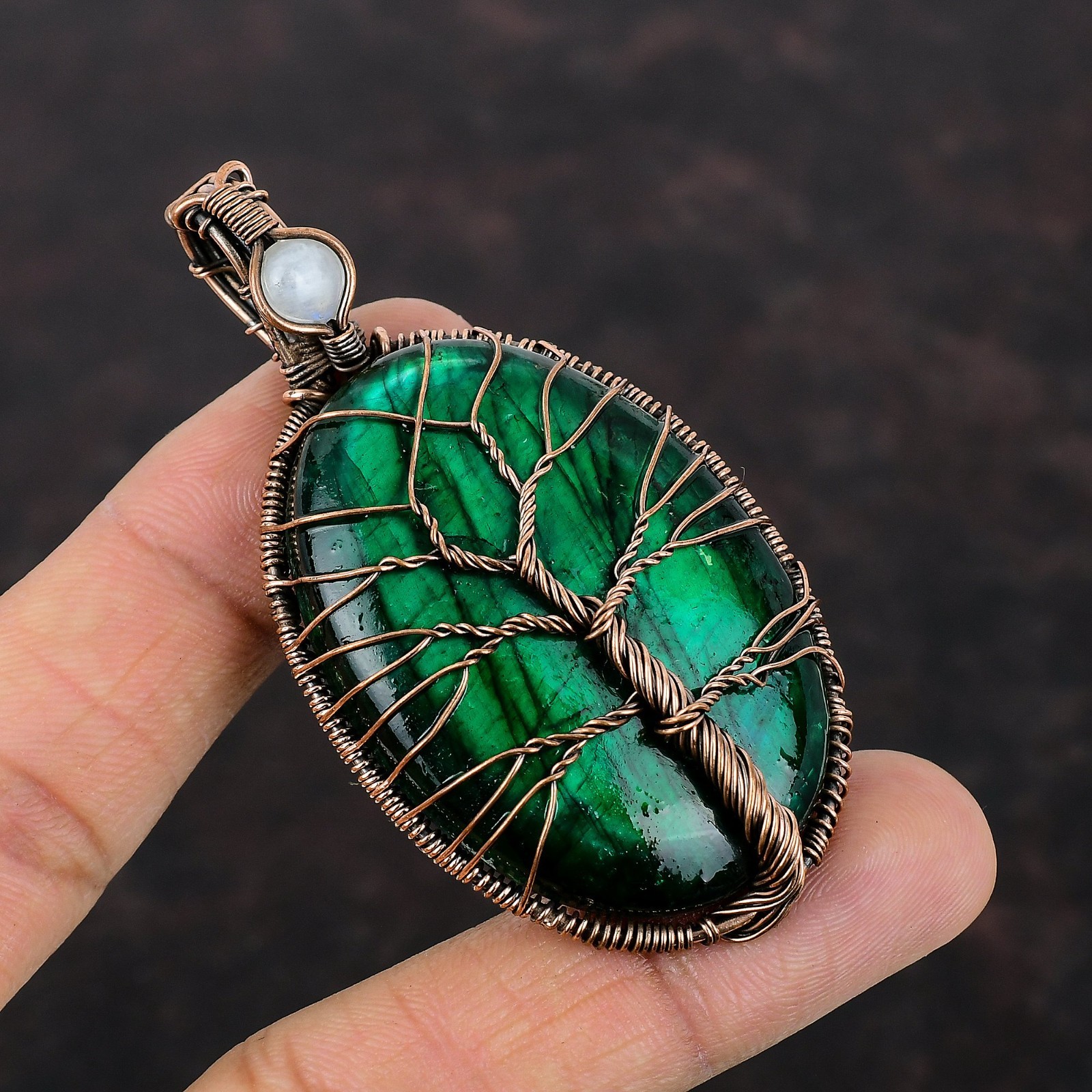 Green Fire Labradorite Gemstone Rainbow Moonstone Artisan Pendant Jewelry Copper