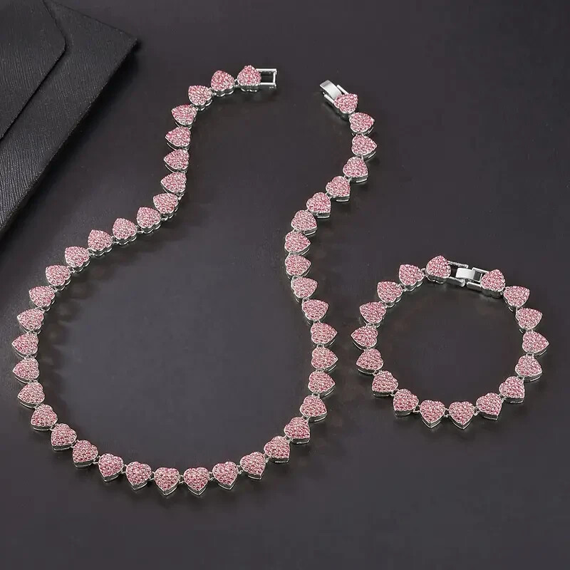 Women Necklace & Bracelet Iced Heart Chain Bling Pink Cubic Zirconia Silver Tone