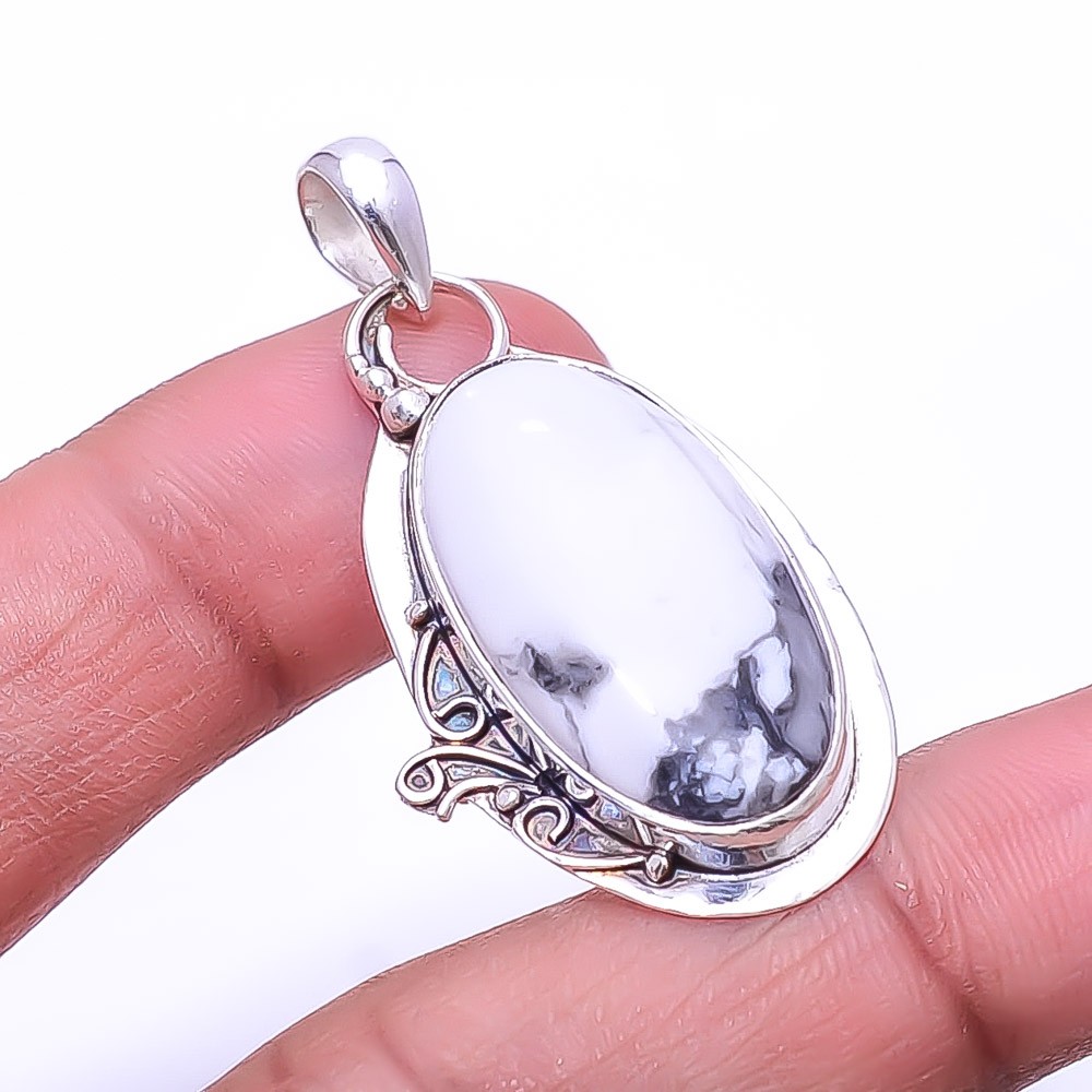 Natural White Howlite – United States 925 Sterling Silver Pendant 1.76″ P1639911