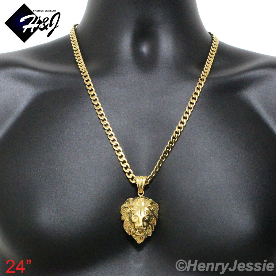 18-40″MEN Stainless Steel 7mm Gold Plated Cuban Curb Chain 3D LION Pendant*GP50