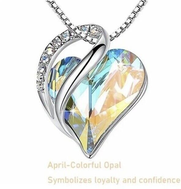 Birthstone Crystal Heart Shape Pendants Stainless Steel Necklace Women Girls
