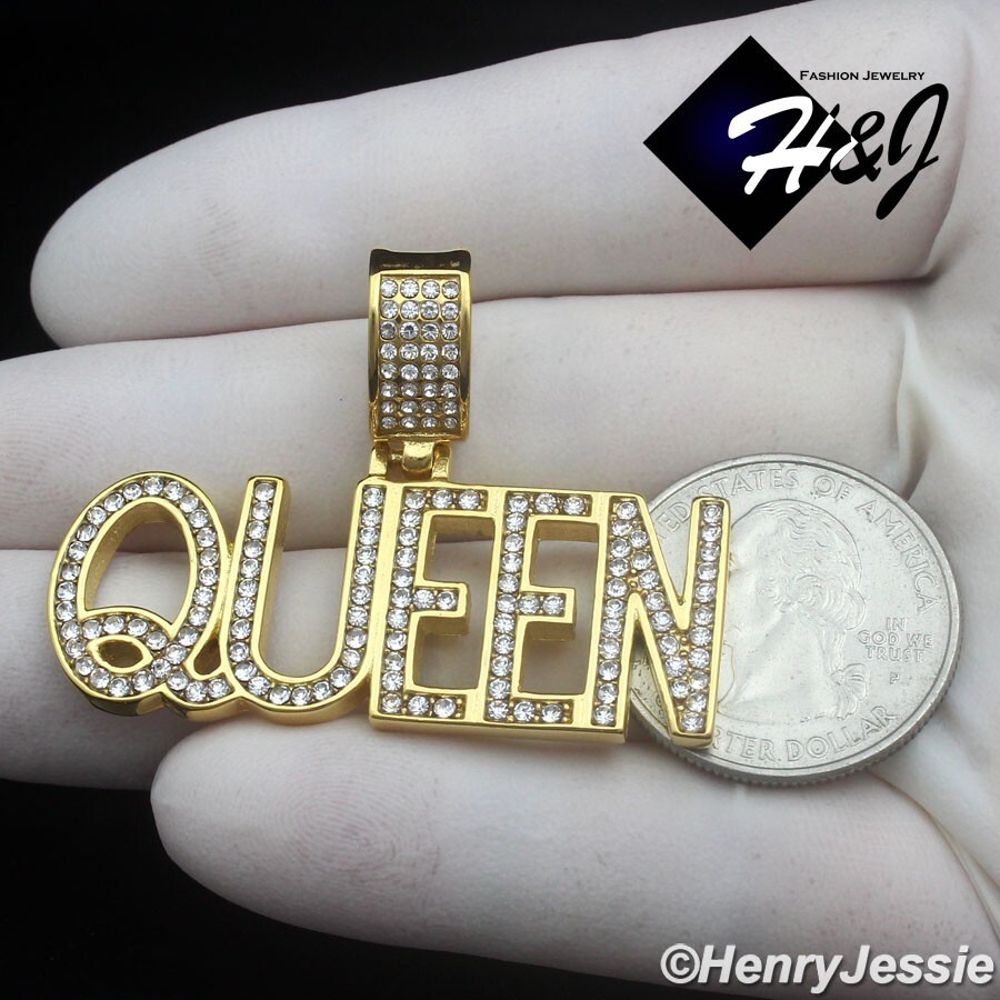 WOMEN’s Stainless Steel ICY CZ Gold Plated 3D HipHop “QUEEN” Letter Pendant*G149