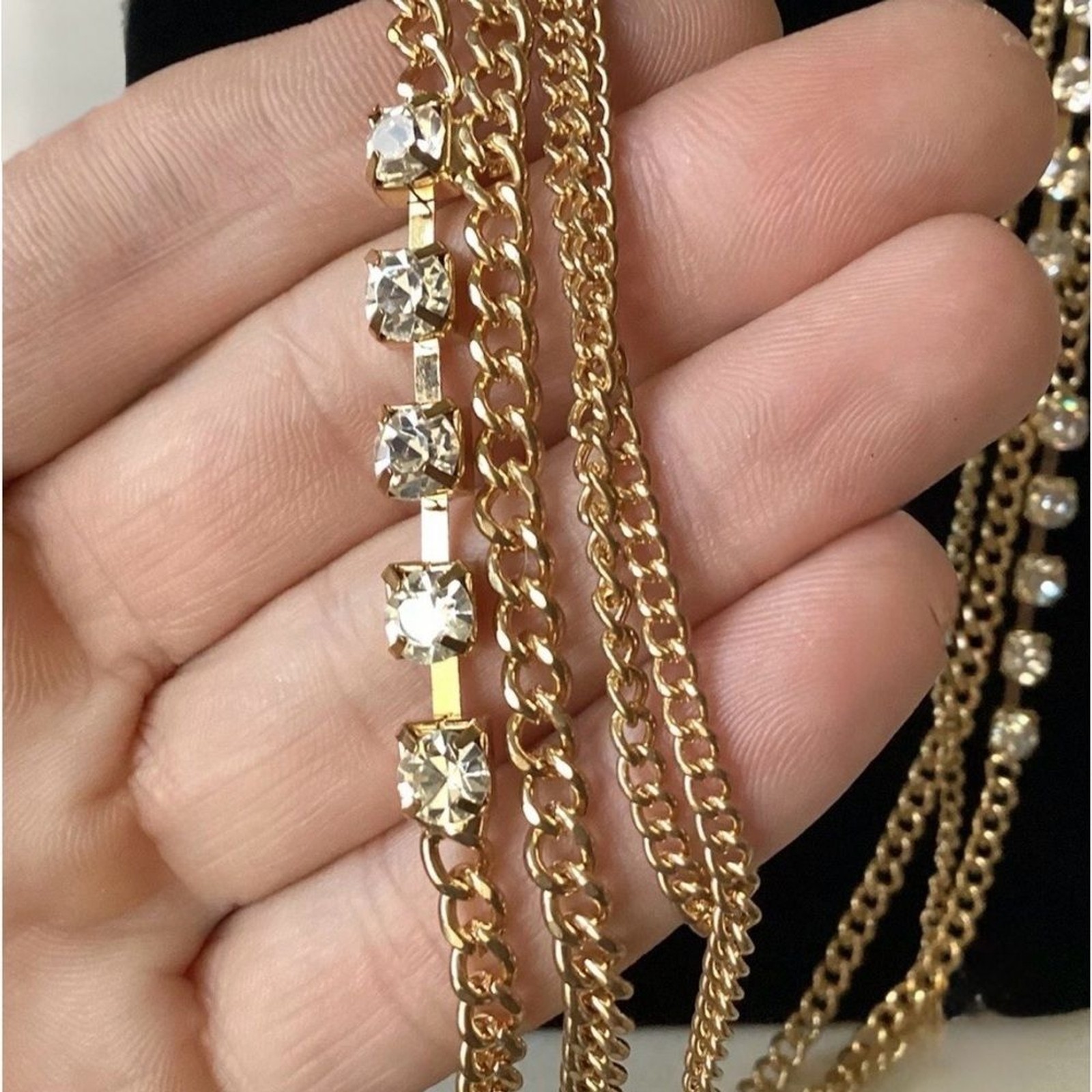 Layered Chain & Rhinestones Gold Tone Necklace