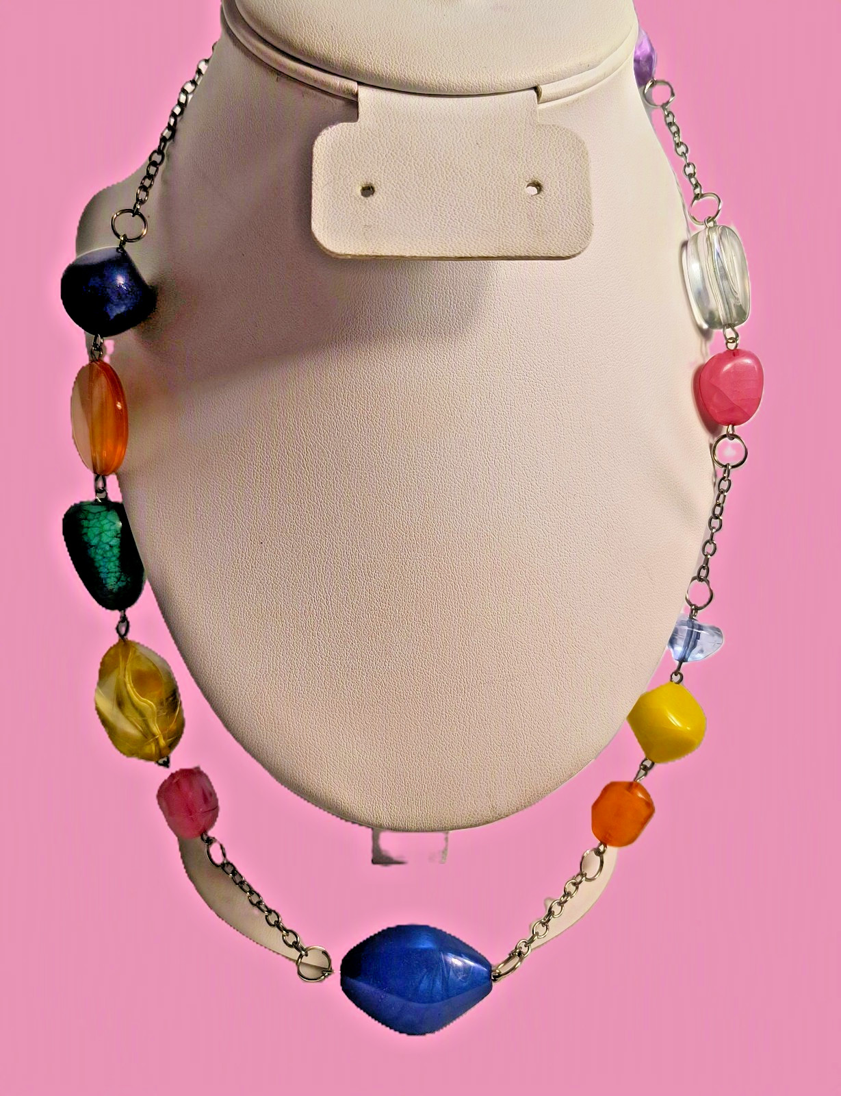 Multicolor Acrylic Beaded Statement Necklace Silvertone Chain