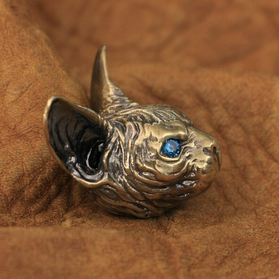Good Details Blue Eyes Brass Sphynx Cat Pendant Punk Animal Jewelry BR113A