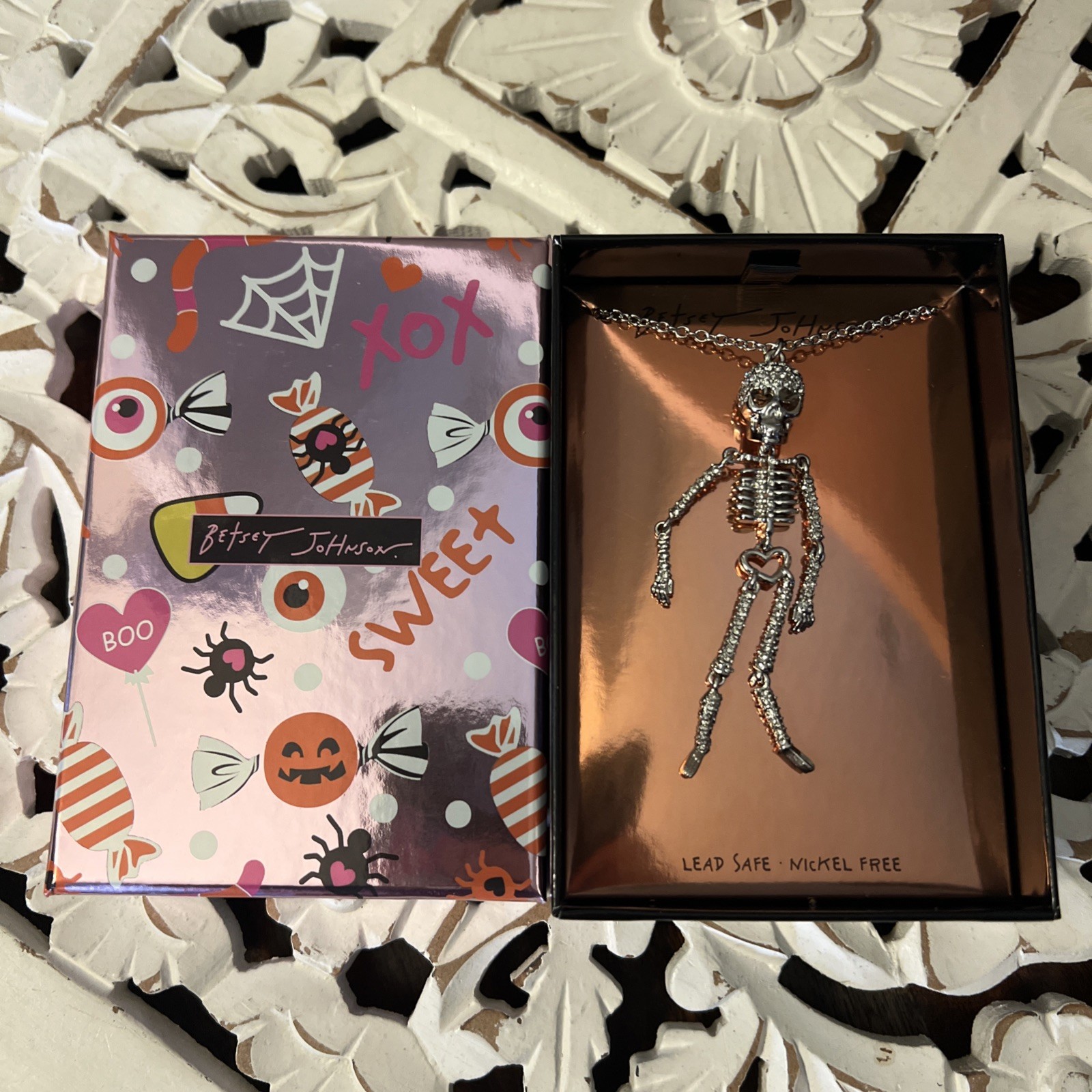 Betsey Johnson Skeleton Necklace NEW in Gift Box Long Articulated Long Pendant