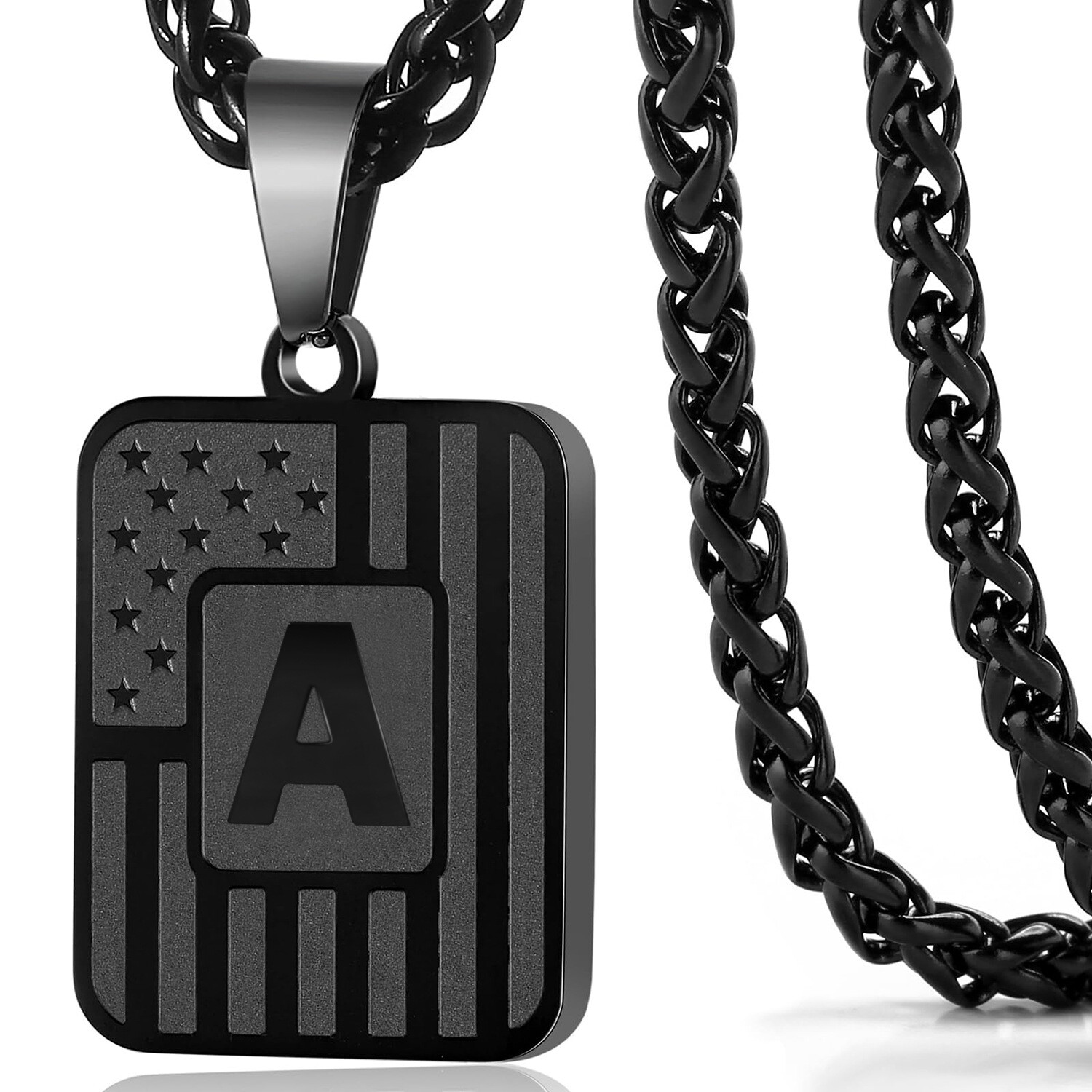 Initial A-Z Necklace for Men Boys Kids, American Flag Stainless Steel Necklace