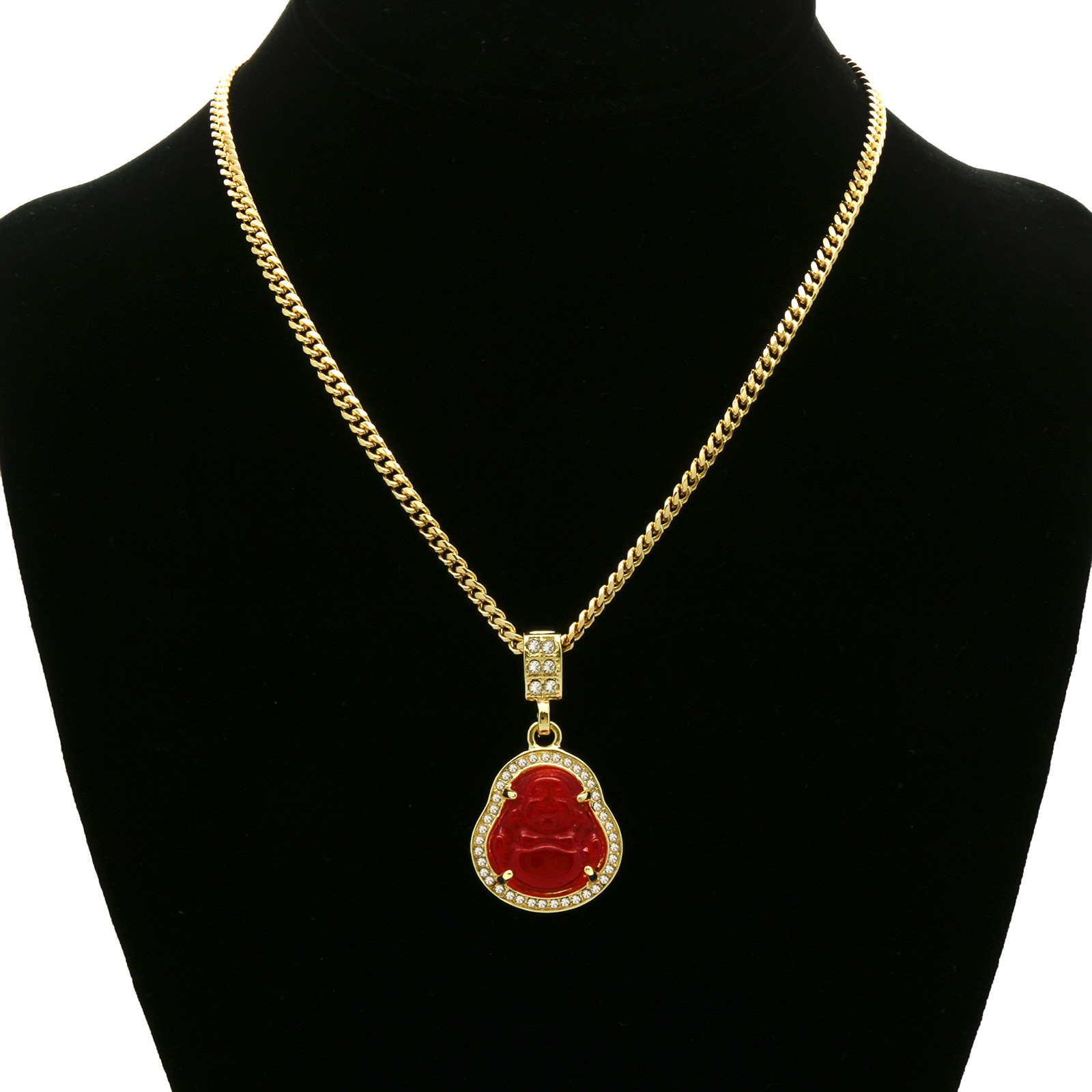 14K Gold Plated Red Jade Buddha Pendant Cubic-Zirconia Cuban Chain 24″ 27″ 30″