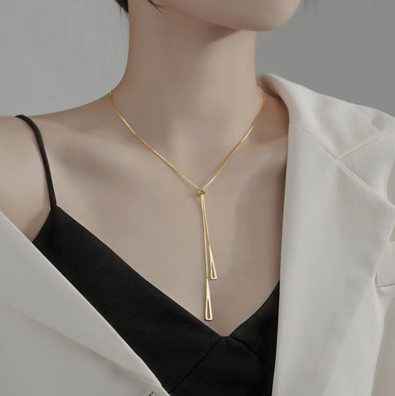 Silver Gold Plated Stainless Steel Geometric Triangle Charm Y Lariat Necklace AC