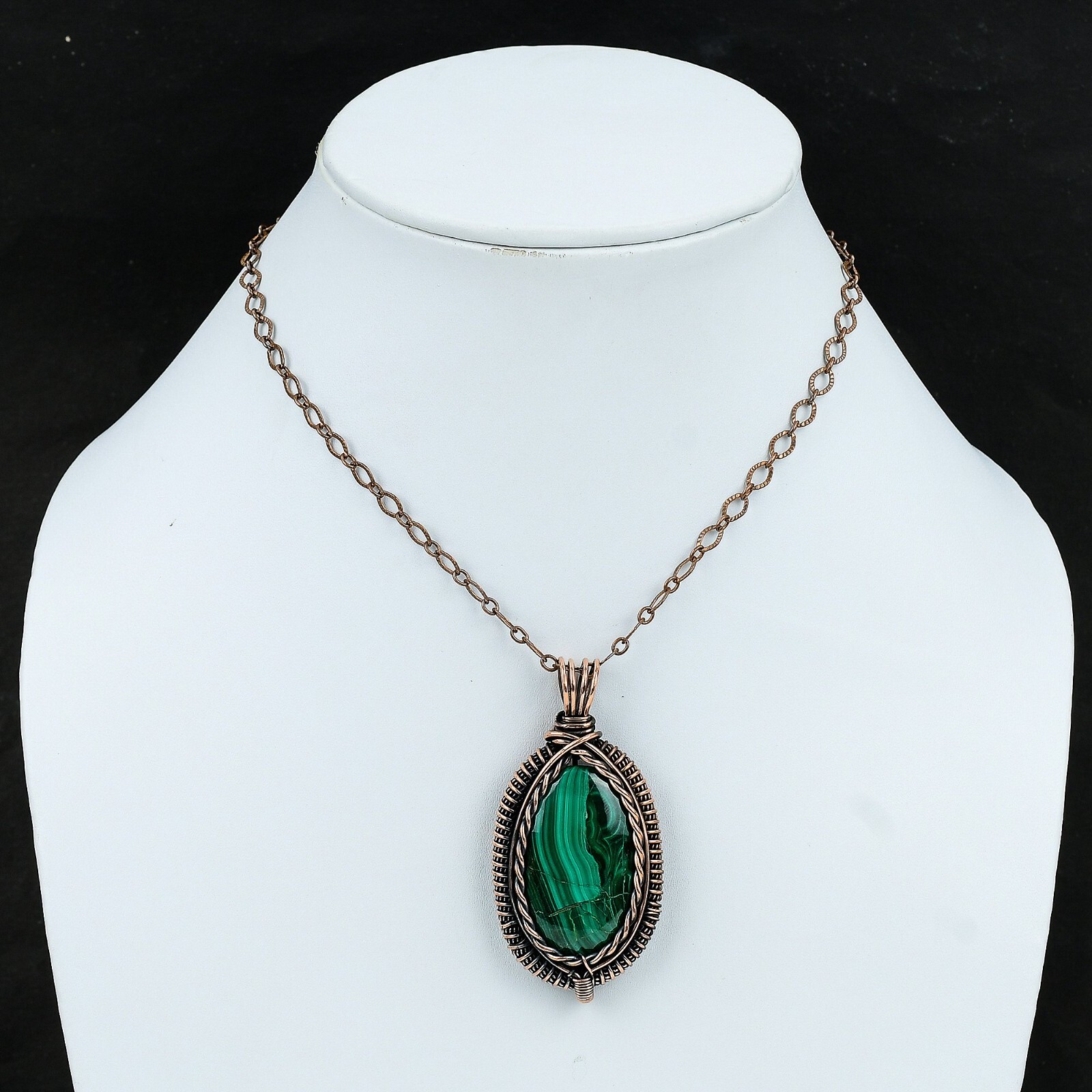 Russian Malachite Jewelry Copper Gift For Briedsmaid Wire Wrapped Pendant 2.44″