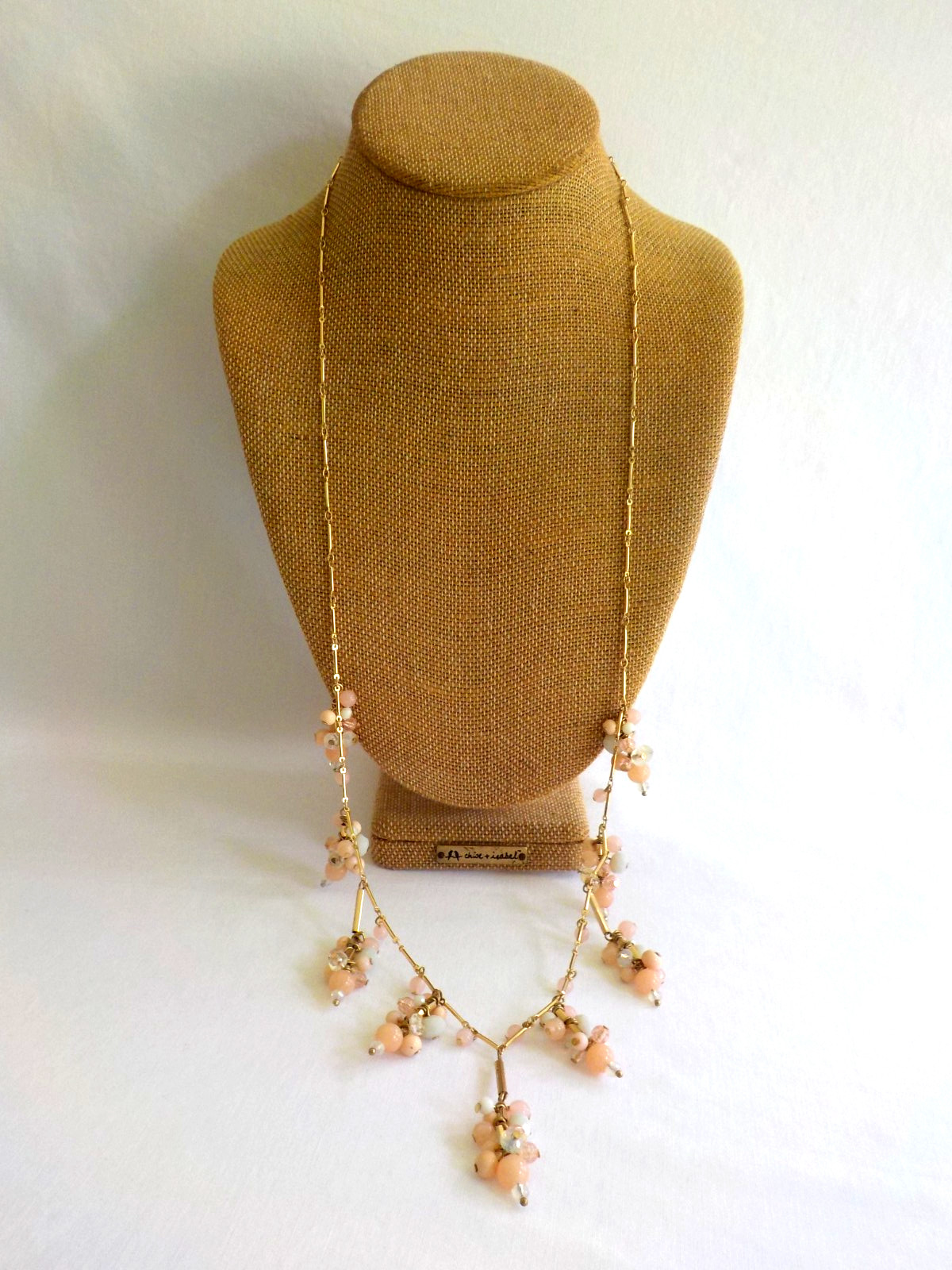 Talbots Dangle Necklace Plastic Gold Tone Metal Long Beads Peach Pink Cluster