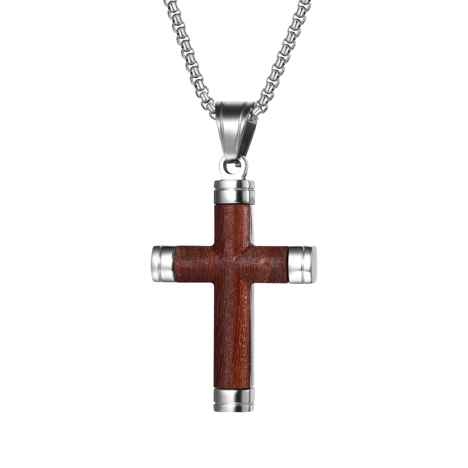 Cool Mens Boys Stainless Steel Natural Wood Cross Pendant Necklace Women Chain