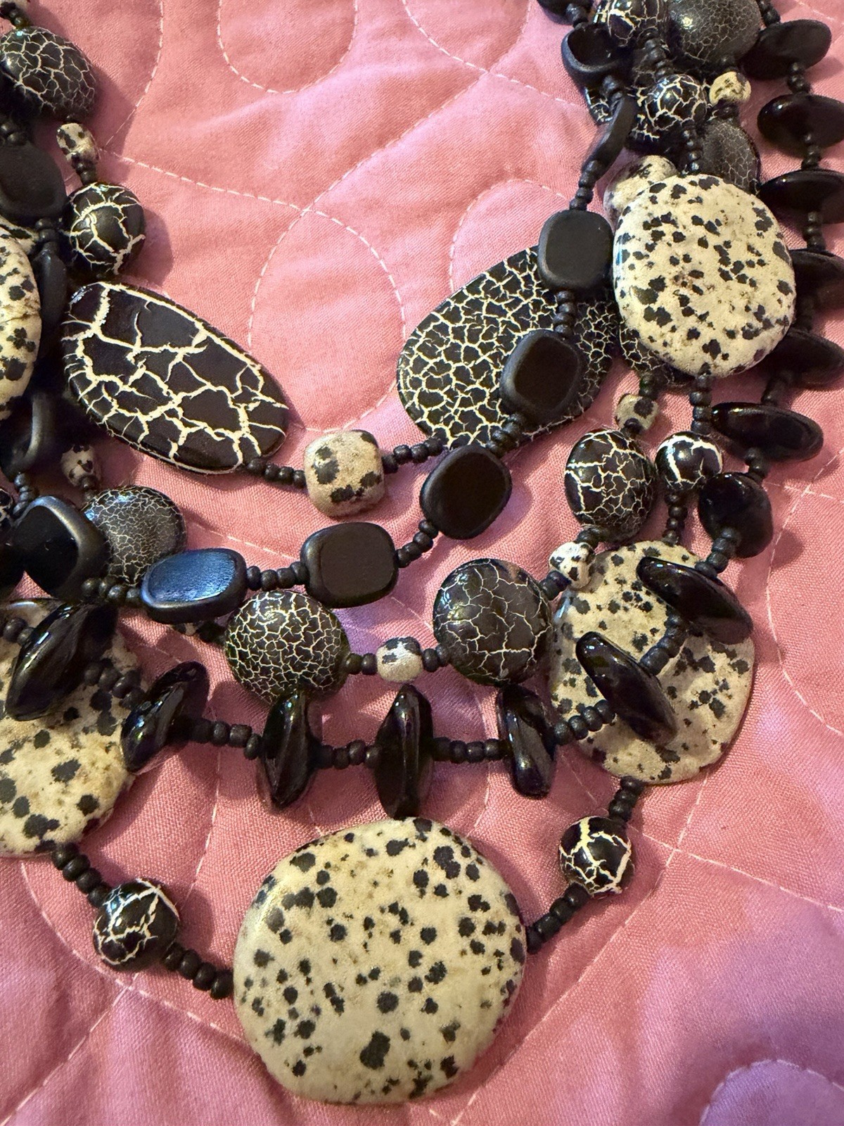 Chico’s Layered Statement Necklace Black Cream Speckled Beaded Boho