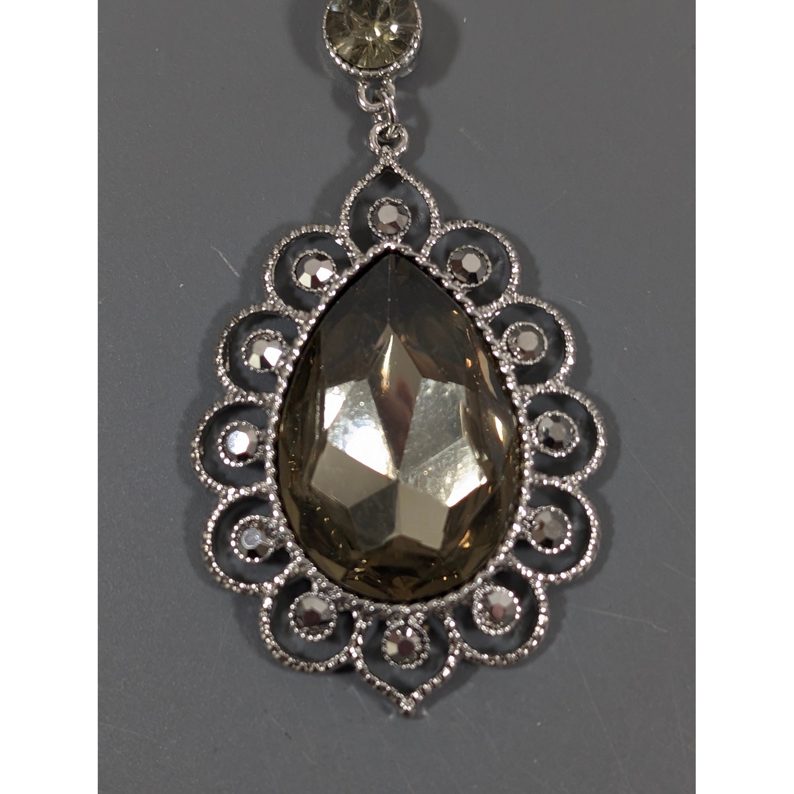 Roman Smokey Gray Pendant Necklace Silver Tone Long Rhinestone Boho 32 in