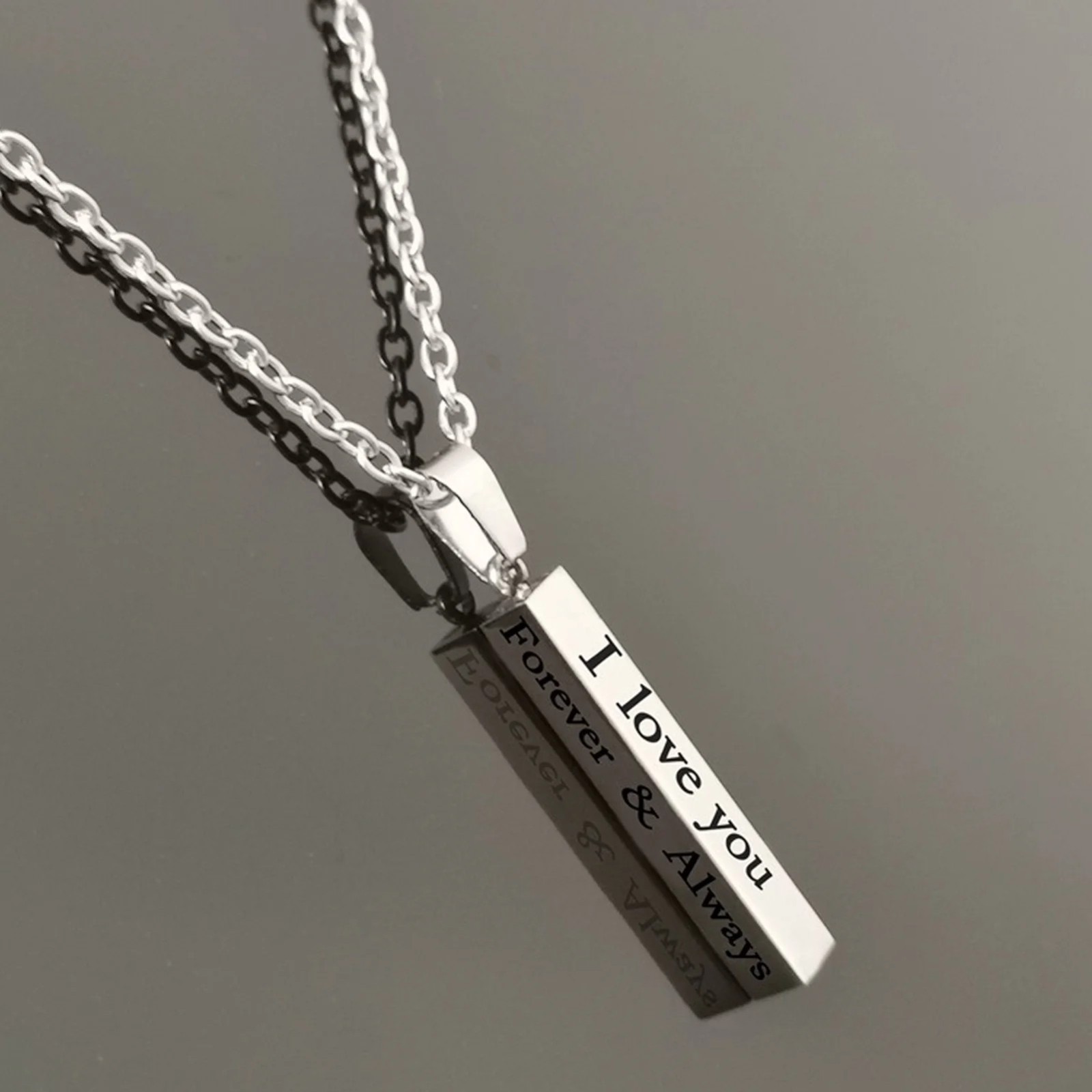 Silver Column Bar Necklace I Love You Forever & Always Romantic Pendant Gift