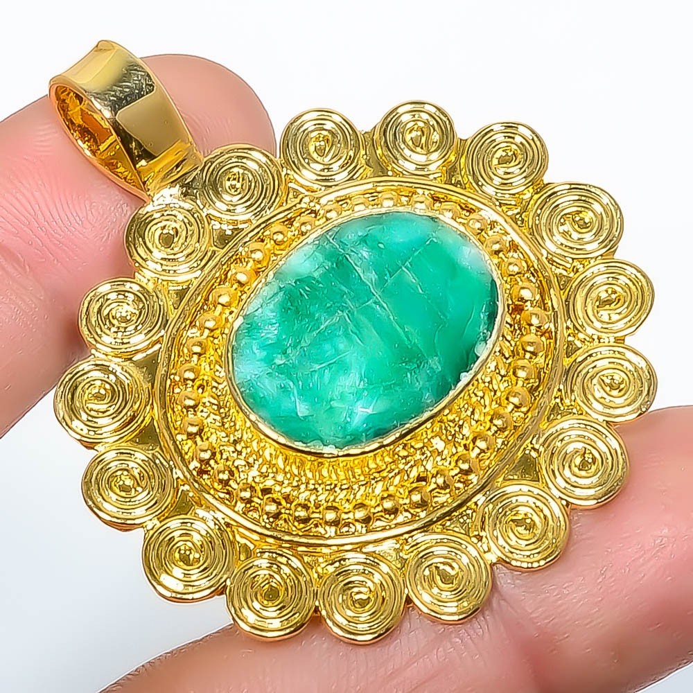 Emerald (Lab-Created) Silver Gold Plated Pendant 1.76″ P7622-138