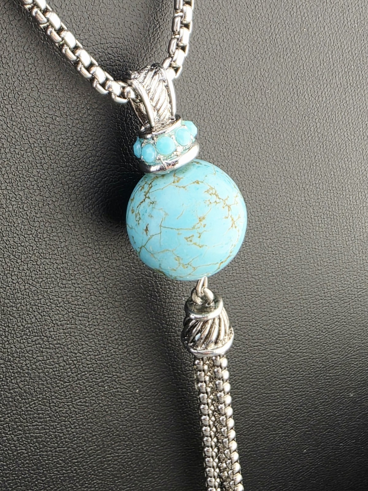 Southwestern Turquoise Tassel Pendant Necklace Heavy Silver Tone 16½” – 19½”