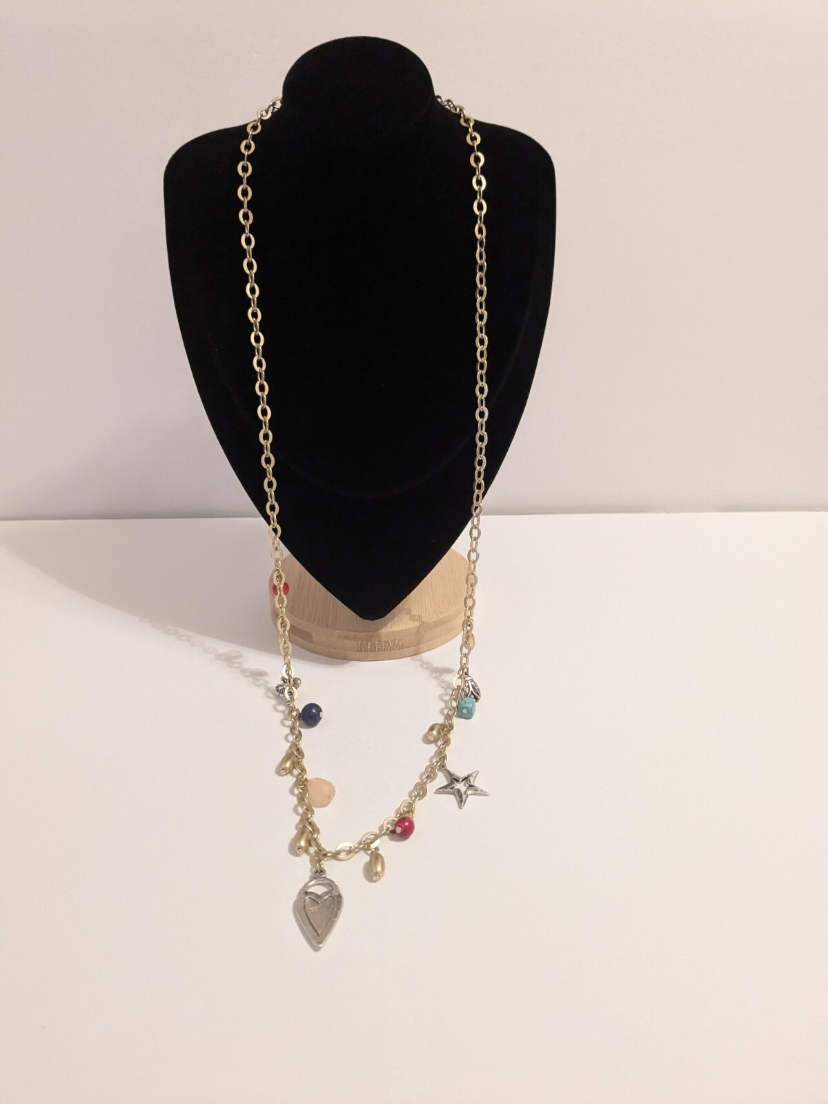 Chico’s Gold Tone Charm Heart Necklace With Multiple Charms & Beads. 34″. BOHO