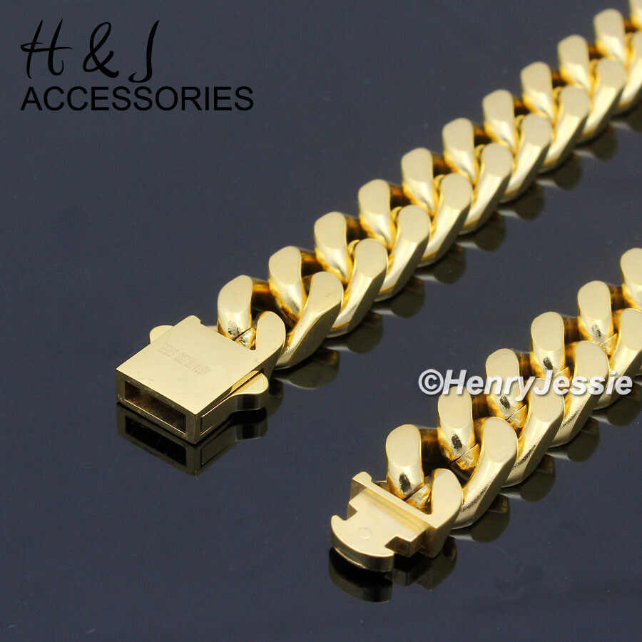 16″-40″MEN 316L Stainless Steel 12mm Gold Plated Miami Cuban Curb Chain Necklace