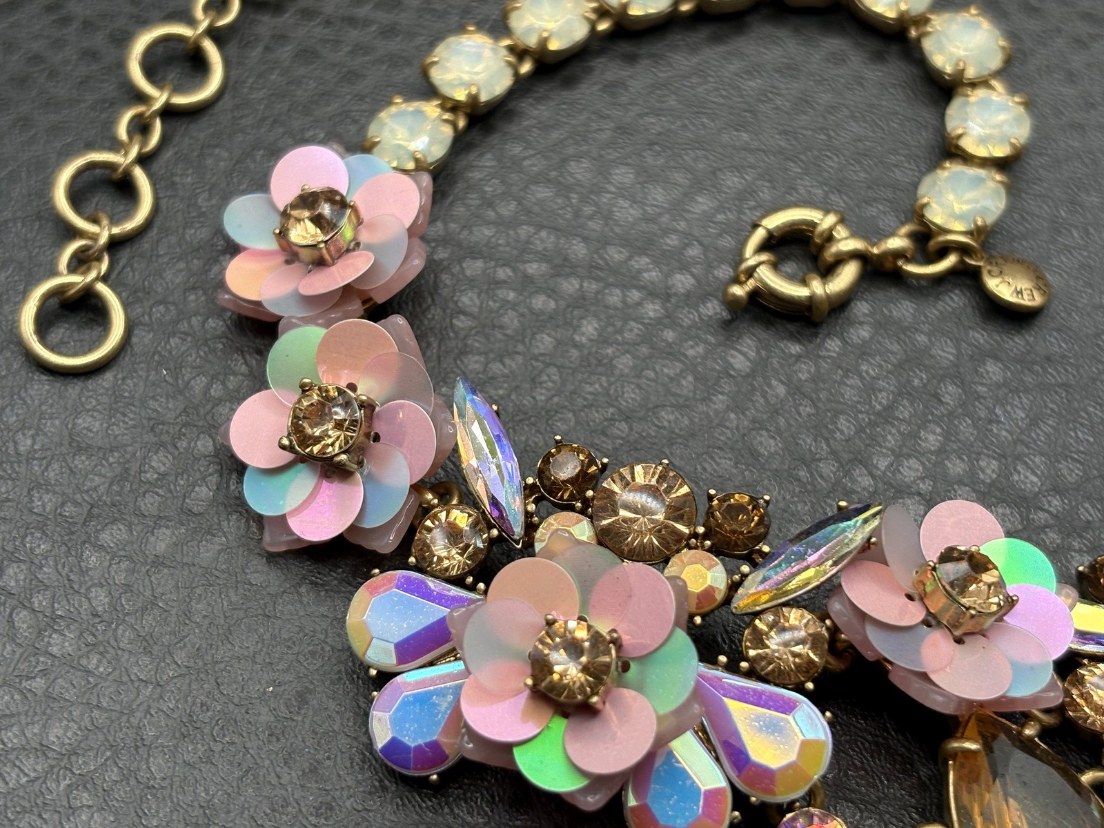 J Crew Amazing Floral Statement Bib Necklace Iridescent Pink Flowers Rhinestones