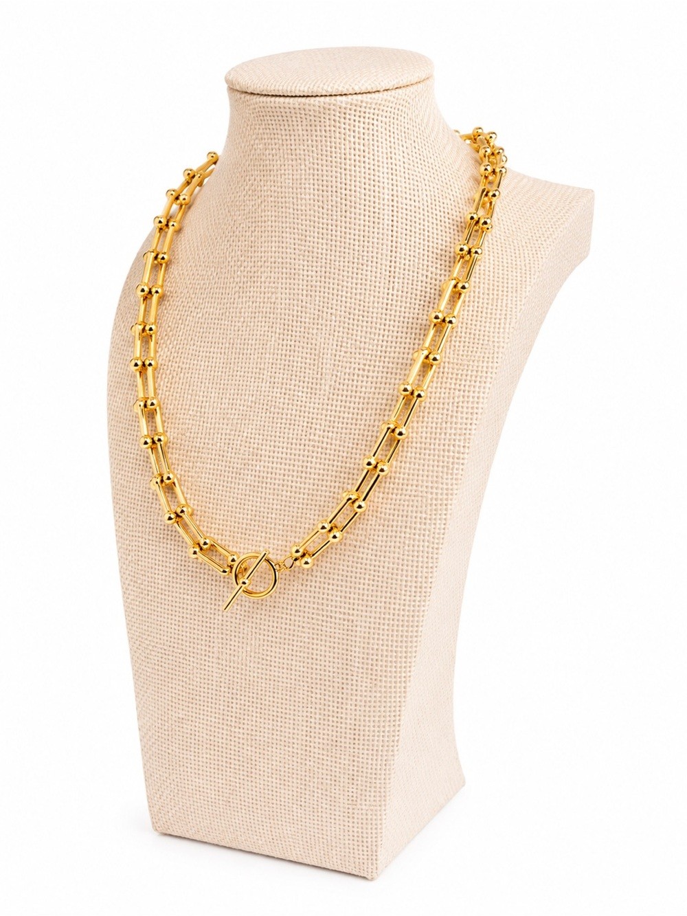 Gold Beaded Link Toggle Statement Necklace Minimalist