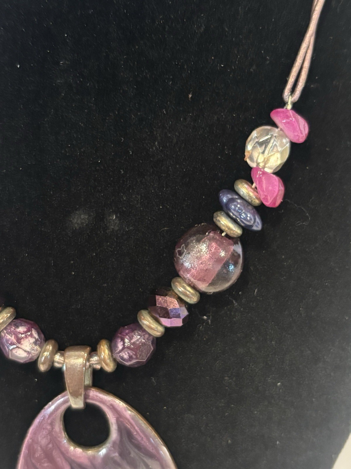 Purple Gemstone Necklace Glass Bead 20” Enameled Metal Pendant Boho