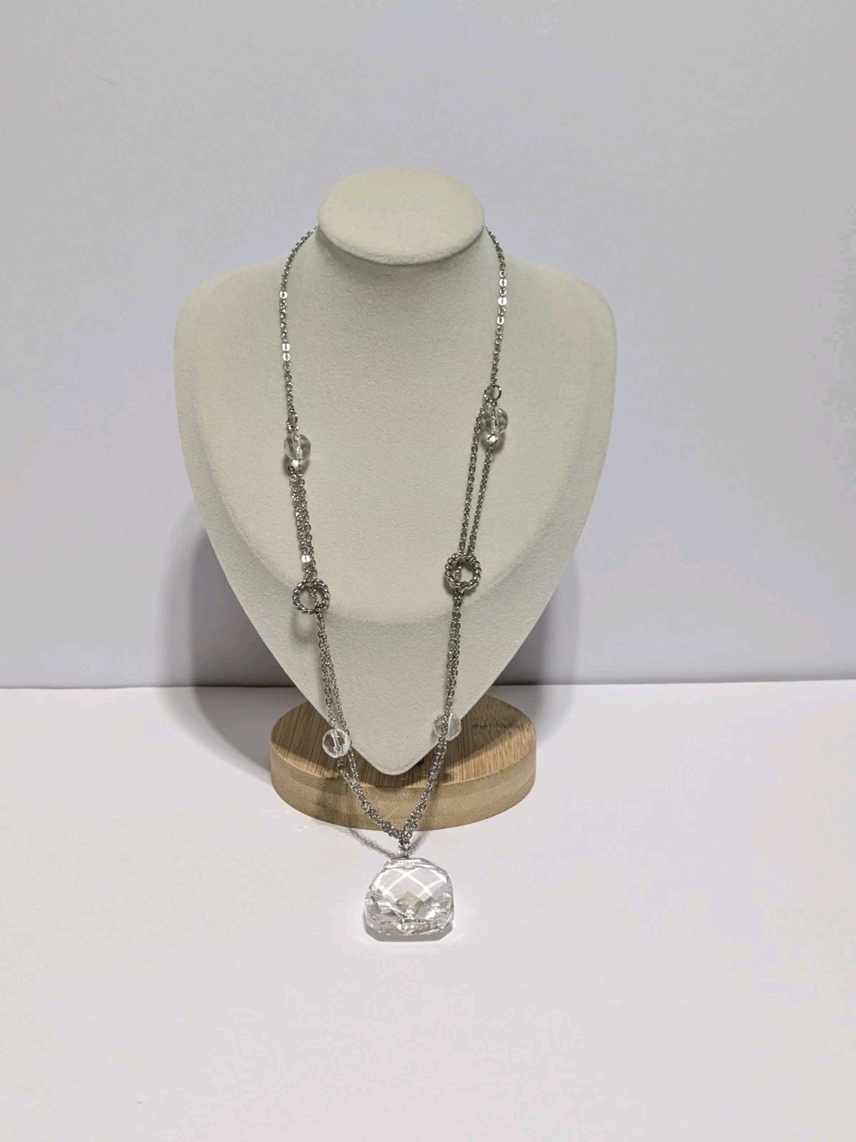 Silver Tone Chain Necklace With Clear Glass Beads & Faceted Rectangular Pendant