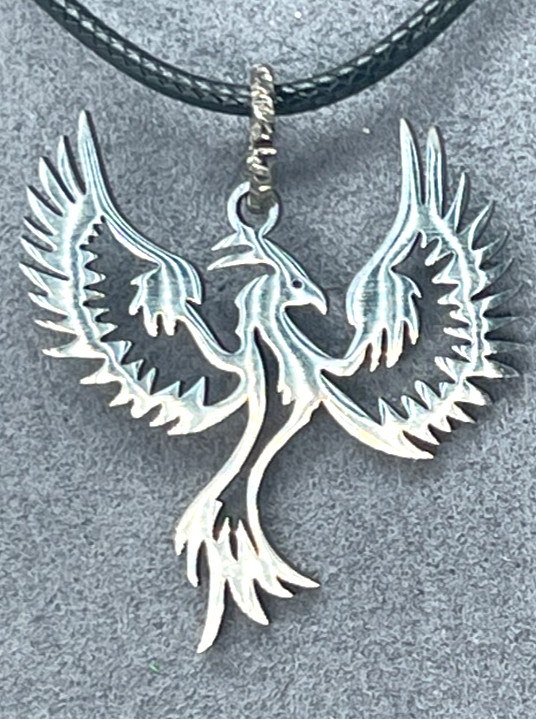 Necklace Stainless Steel Phoenix Bird In Flight on Black Cord Chain 16″ + 2″ Ext