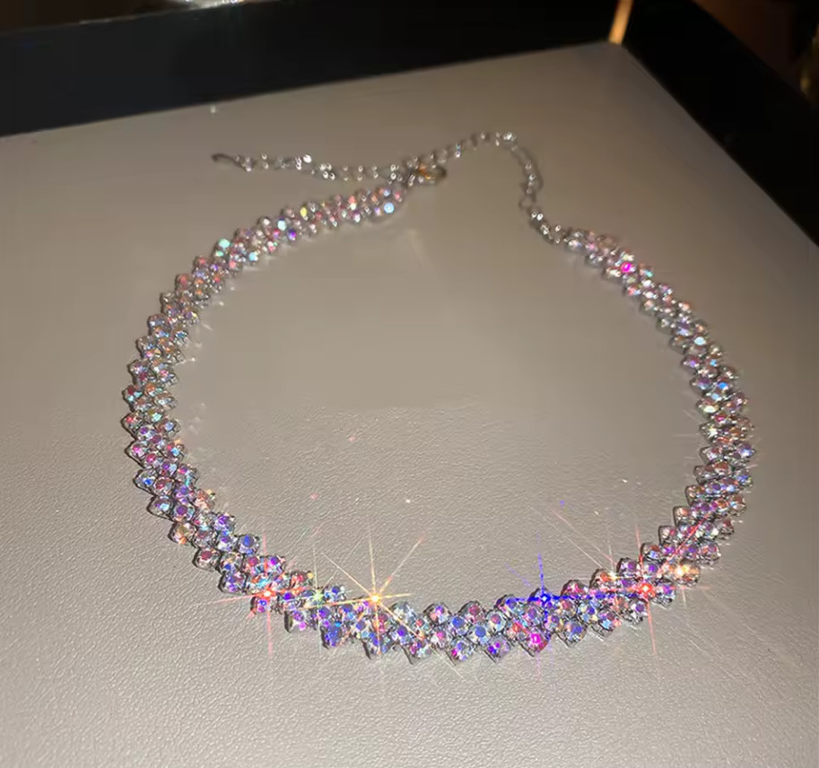 Rhinestone Necklace Choker Aurora Borealis Crystal Mesh Golden Lustrous Lavish