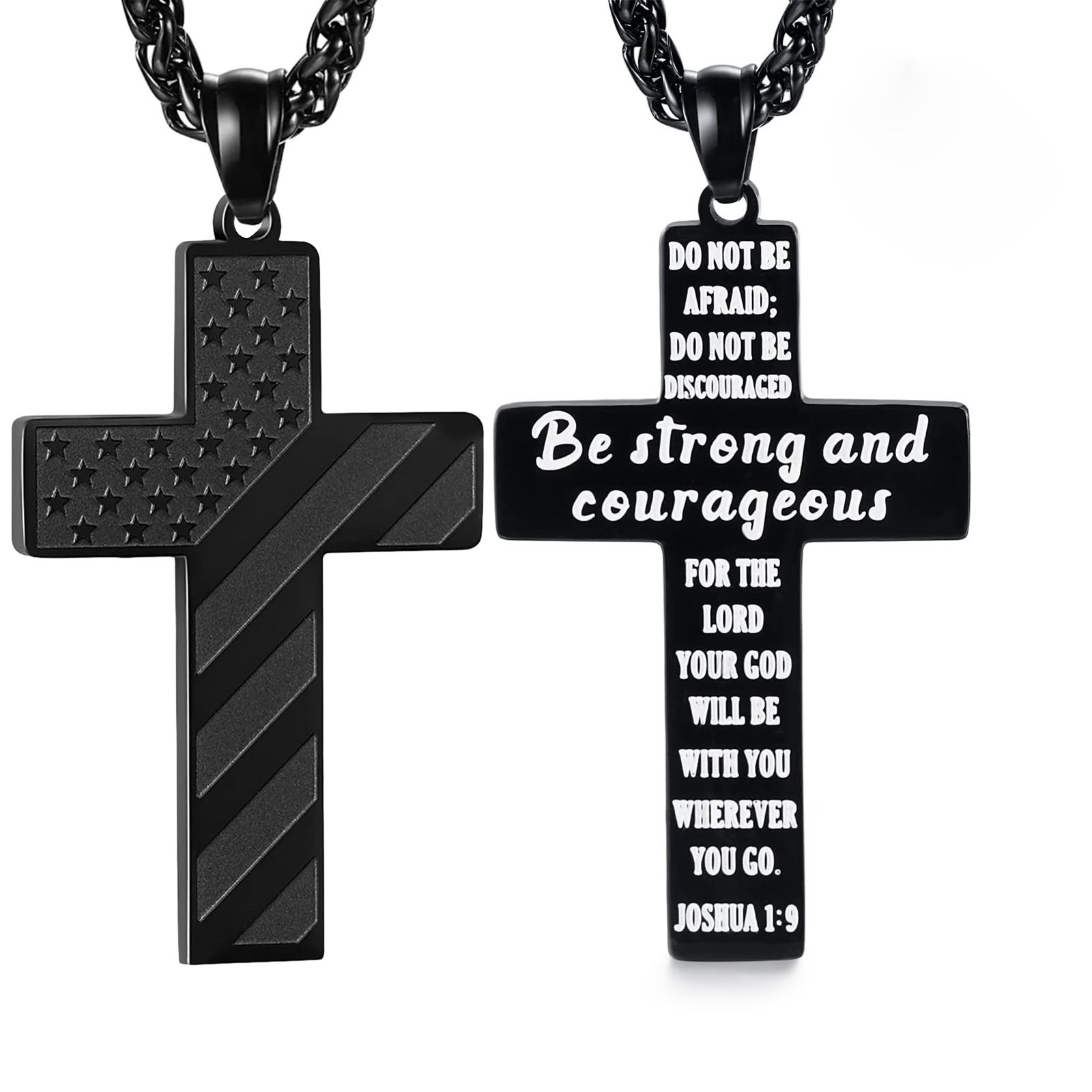 Mens Boys Inspirational Black American Flag Cross Pendant Bible Verse Necklace