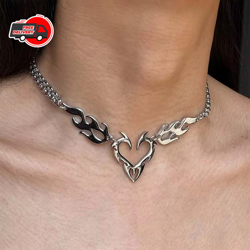 Stainless Steel Silver Color Thorn Heart Choker Necklace For Woman Man Punk Hip