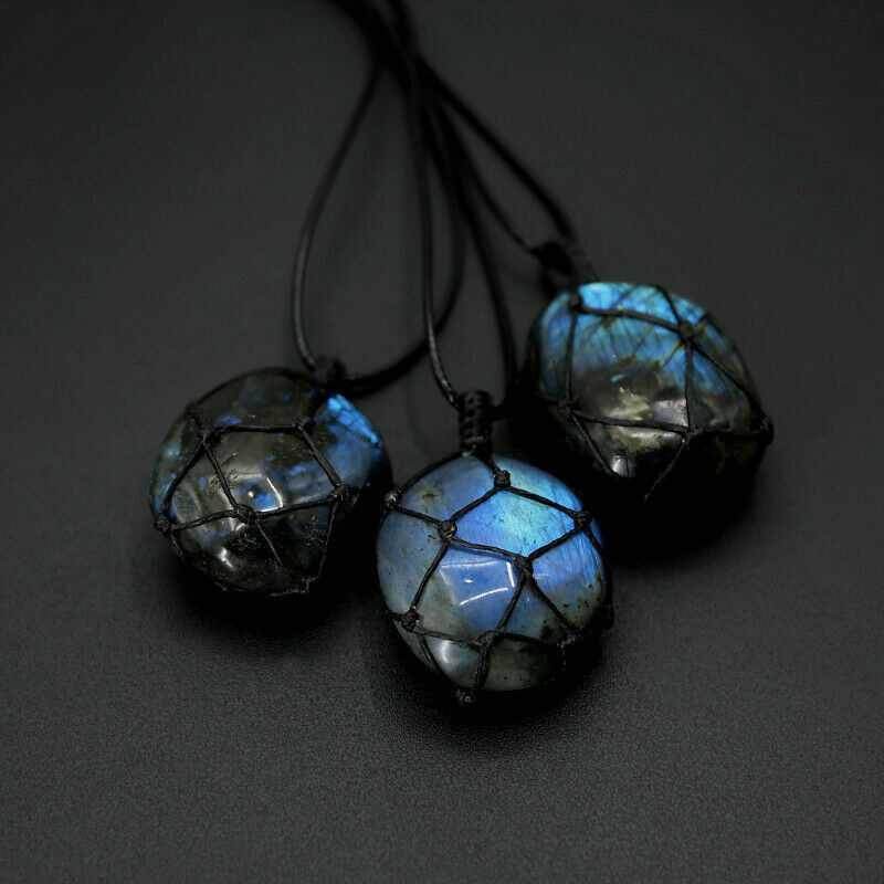 Labradorite Natural Irregular Stone Macrame Wrap Pendant Necklace Energy