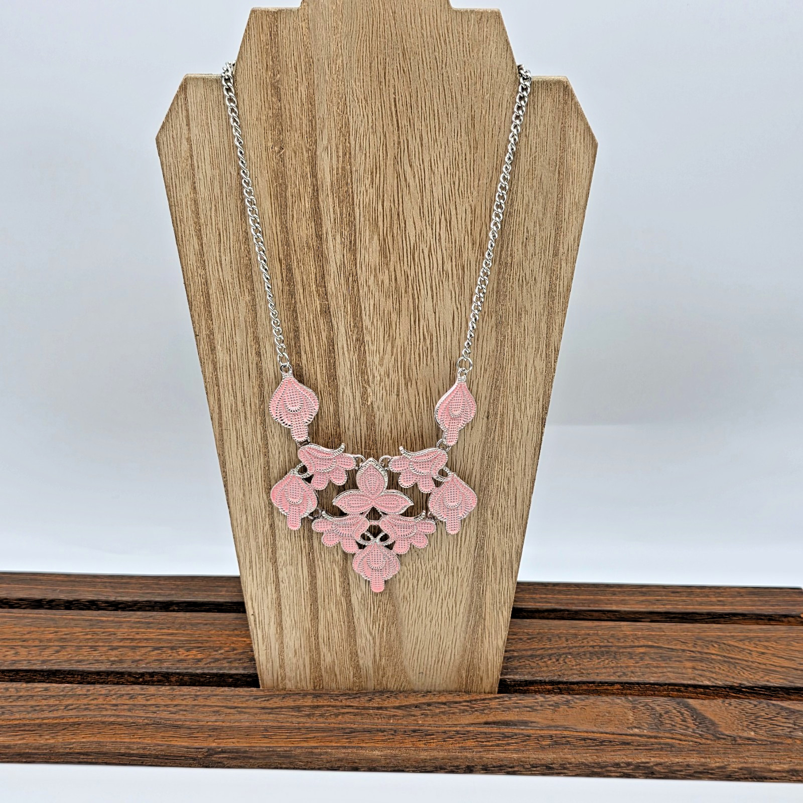 Plunder SUE Silver Cuban Link Soft Pink Floral Bib Bohemian Statement Necklace