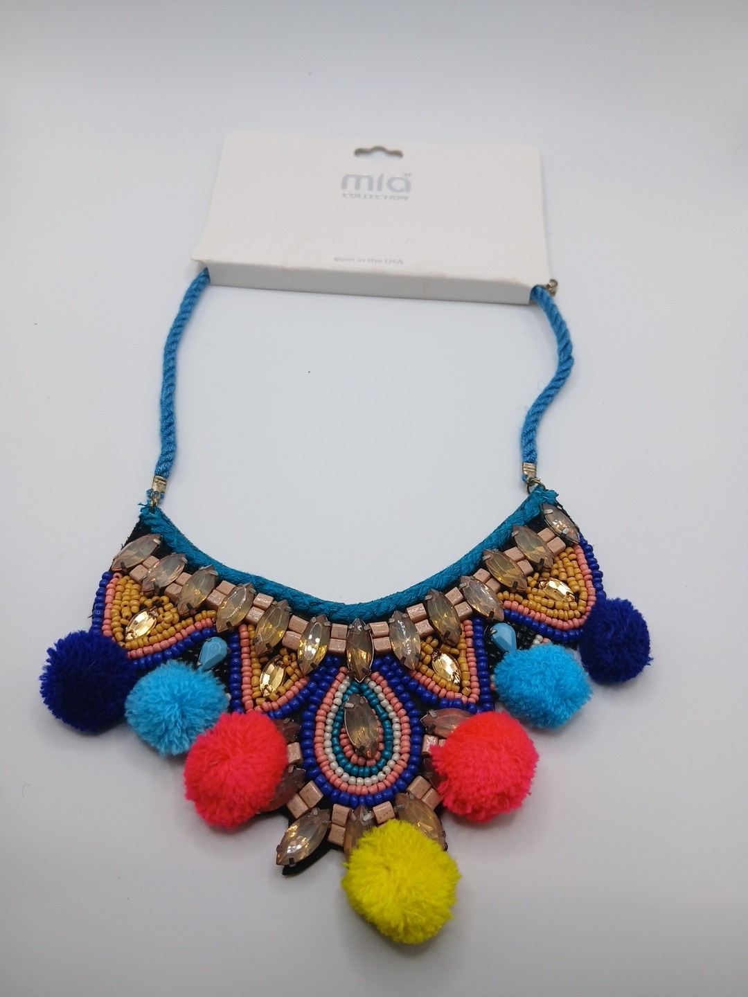 Colorful Boho Statement Necklace – Beaded Bib with Pom Poms & Crystal Accents