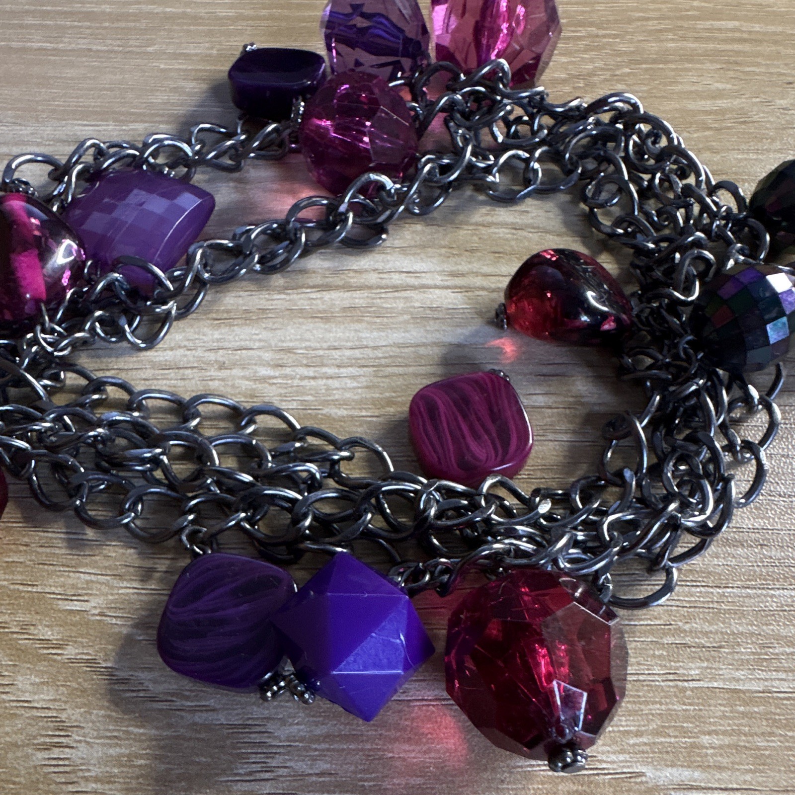 Layered Beaded Cable Chain Necklace Plastic Metal Silver Purple Pink Red