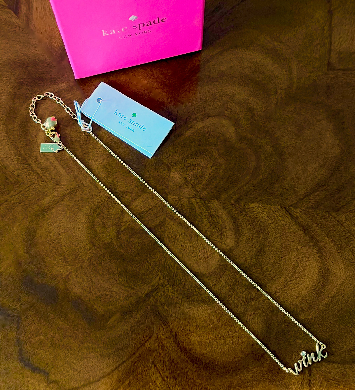 Kate Spade 2018 Say Yes Cursive WINK W/Gem Gold 16” With 2″ Extender Necklace