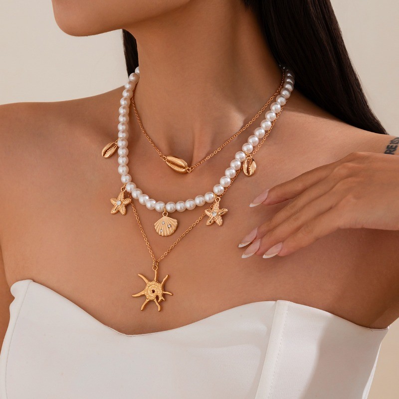 Women’s Bohemian Pearl Bead Necklace, Starfish Shell Pendant Layered Necklace