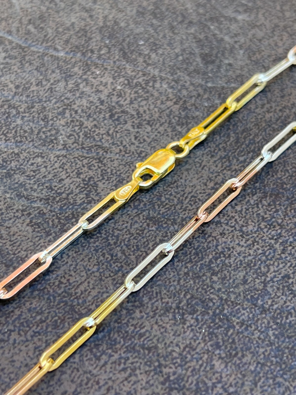 Real Paperclip Chain Necklace Tri Color Yellow Rose Gold Plated 925 Silver